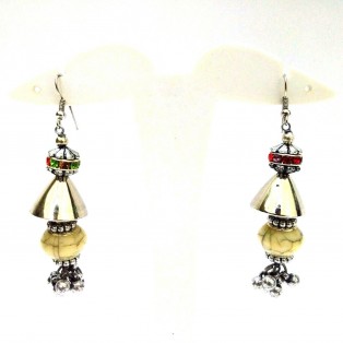 Off White Bead Silver Oxidized Earring Jhumka Chandelier - Hook Dangle Drop Long